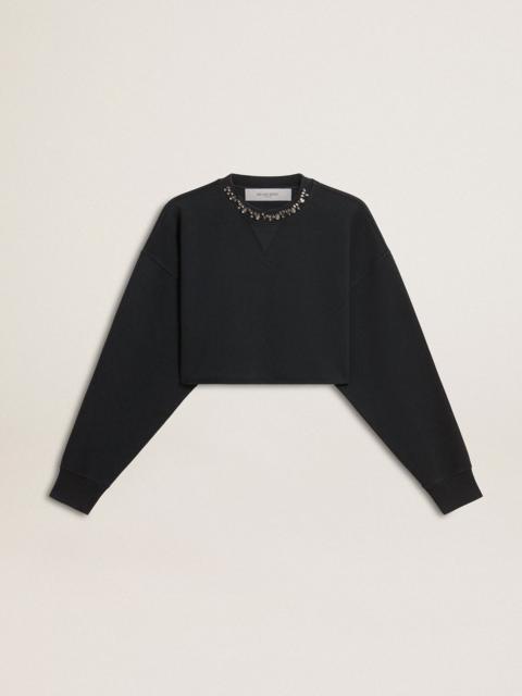 Women's cropped cotton sweatshirt with crystals on the front