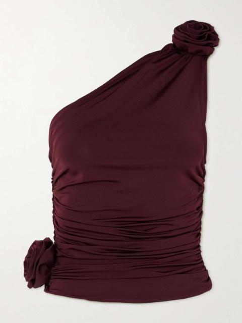 One-shoulder floral-appliquéd ruched satin-jersey top Burgundy