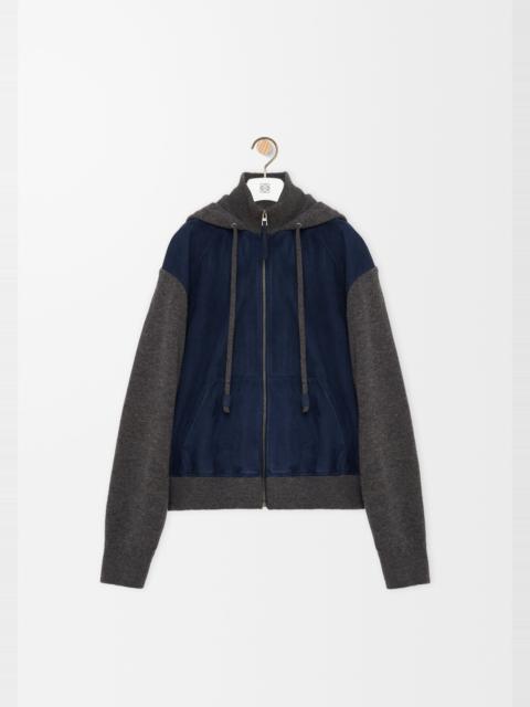 Hybrid zip-up hoodie in suede goatskin and wool blend