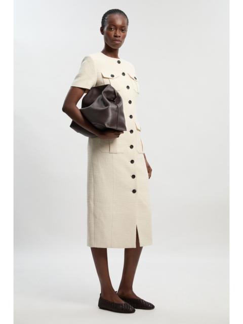 Textured Tweed Tailored Pocket Front Short Sleeve Midi Dress