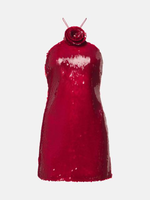 Floral-appliqué sequined halterneck minidress