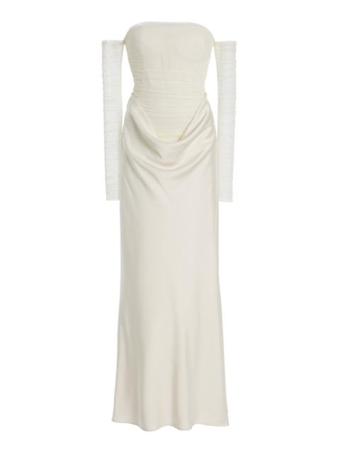 Ruched Tulle and Satin Maxi Dress white