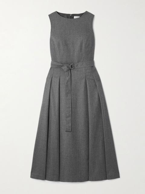 Belted pleated wool midi dress Gray