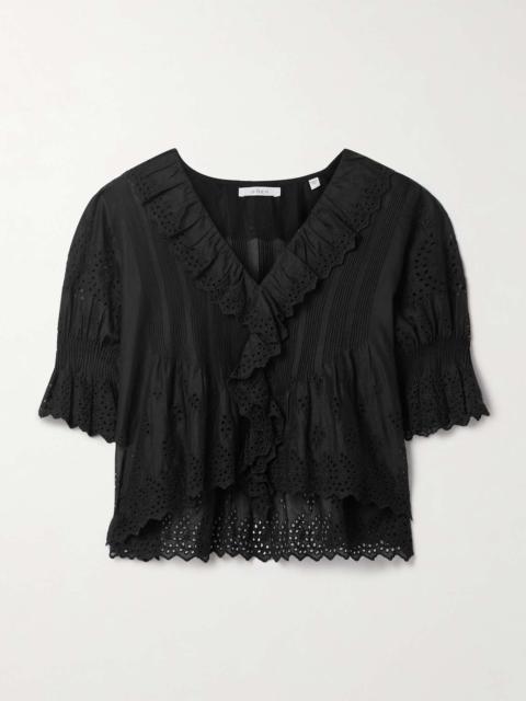 Henri ruffled pintucked broderie anglaise cotton top Black