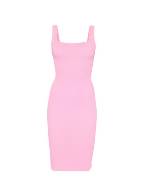square-neck textured midi fitted dress