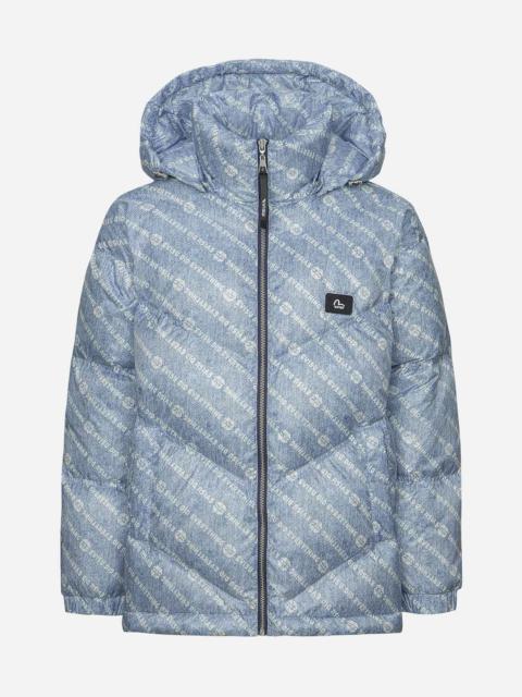 Allover Slogan and Kamon Print Fashion Fit Down Jacket with Detachable Hood