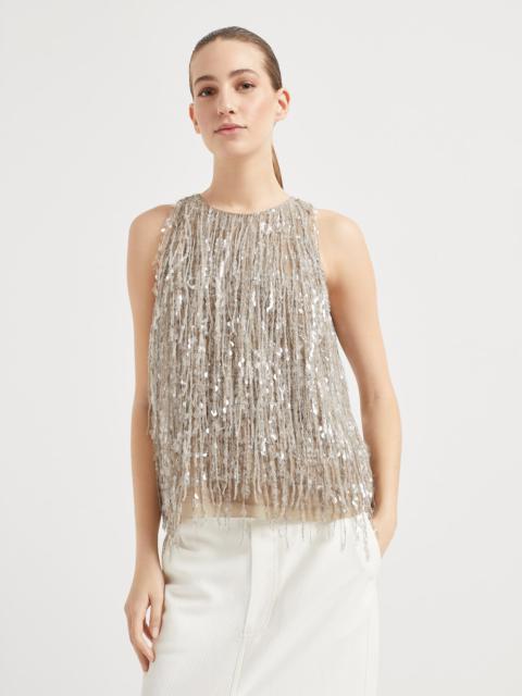 Crispy silk top with glistening waterfall embroidery