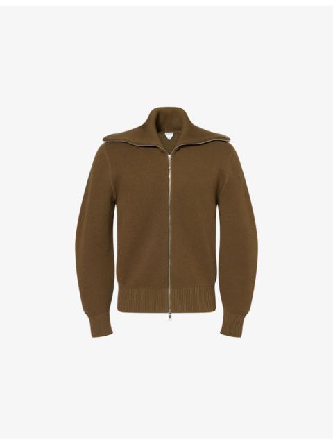 Oversized-Collar Ribbed Wool-And-Cotton Cardigan