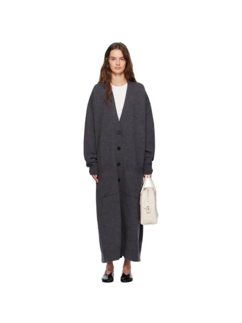 Gray Long V-Neck Knitted Caridgan