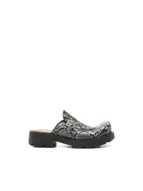 snakeskin buckle mules