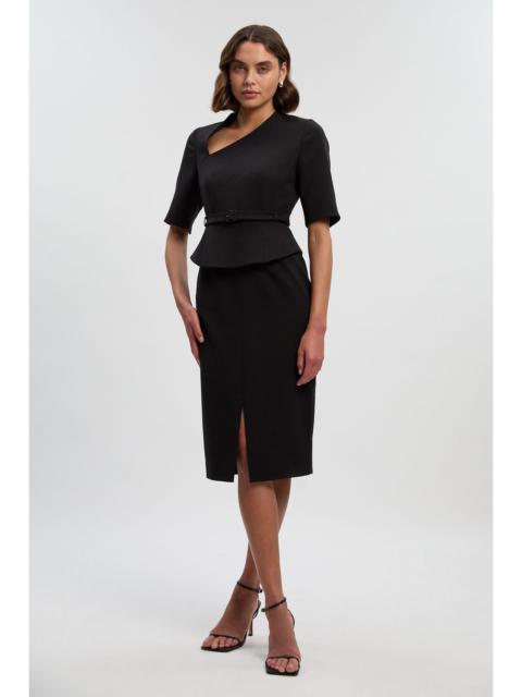 Structured Crepe Forever Asymmetric Neck Belted Pencil Midi Dress