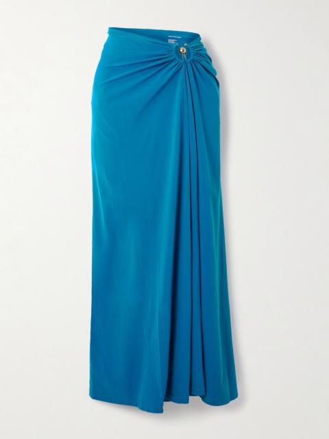 Orbit embellished ruched stretch-jersey maxi skirt Blue