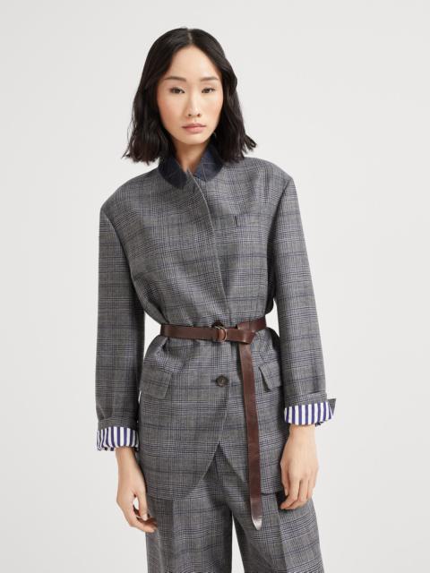 Virgin wool Prince of Wales blazer with leather belt and monili