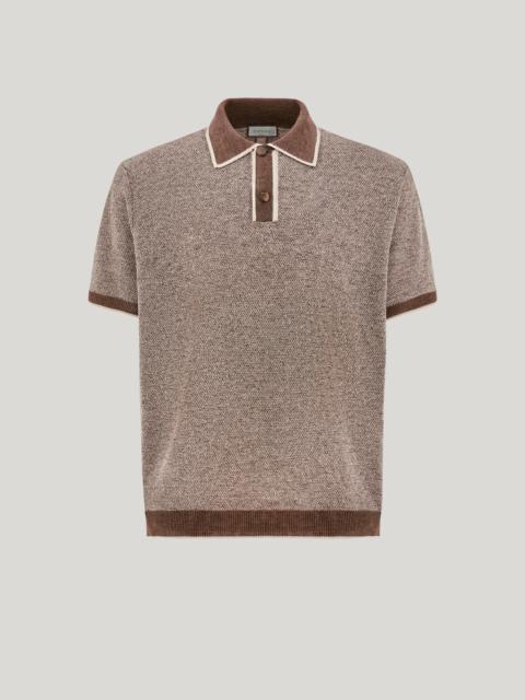 BROWN LINEN AND SILK JACQUARD POLO SHIRT WITH CONTRASTING COLLAR
