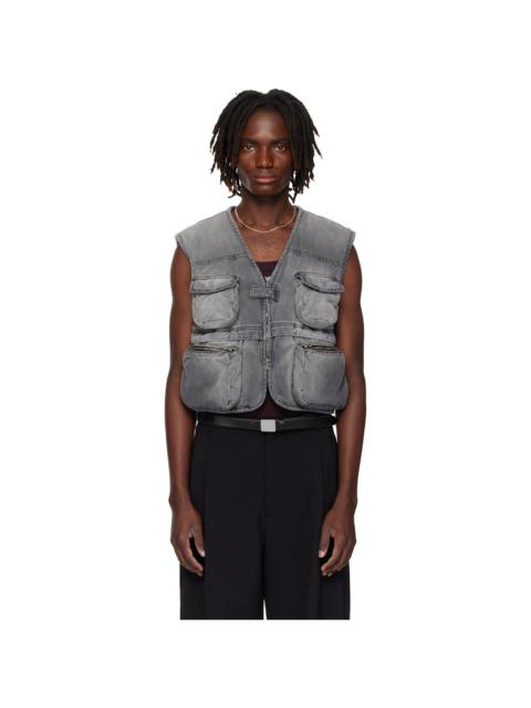 Gray Wadded Denim Cargo Vest