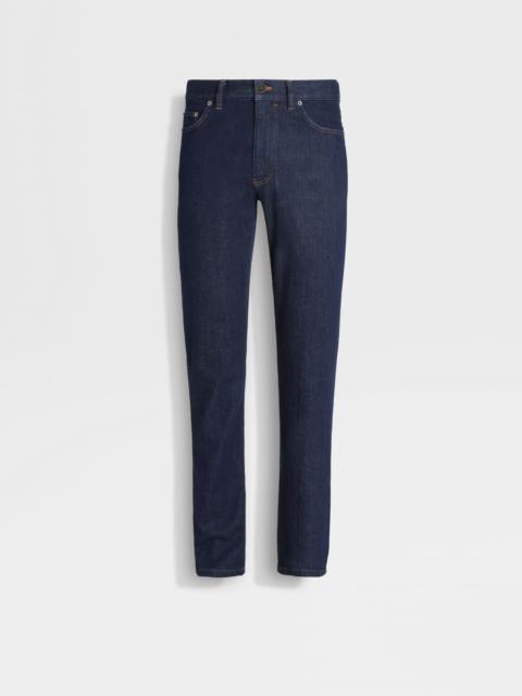 DARK BLUE RINSE-WASHED STRETCH COTTON ROCCIA JEANS