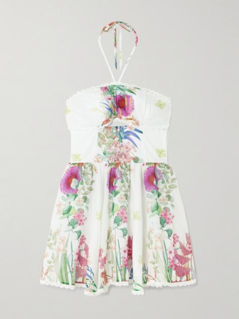 Alheli Lace-trimmed Cutout Floral-print Cotton-blend Voile Halterneck Mini Dress