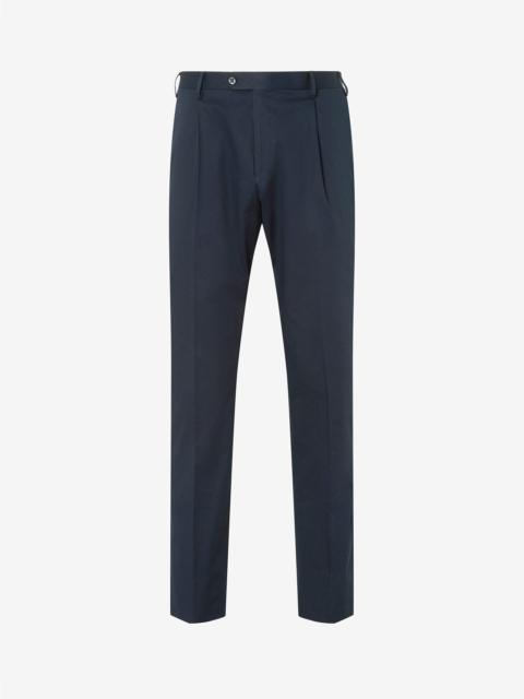 Blue one-pleat stretch cotton gabardine trousers