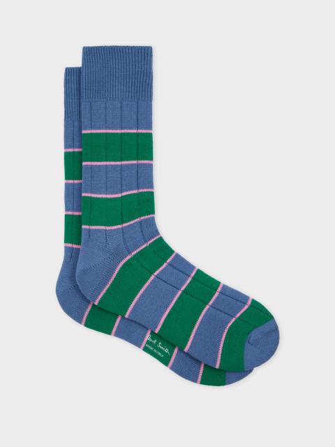 Blue and Green Cotton-Blend Rib Socks