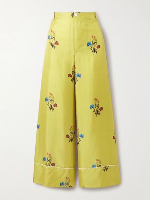 Floral-print silk-twill wide-leg pants Yellow