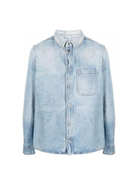 Men's Off-White SS21 Lapel Buckle Long Sleeves Blue Shirt OMYD027F21DEN0034001