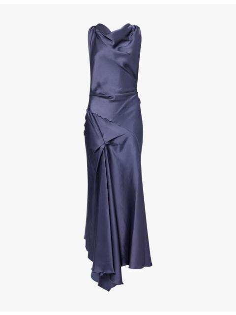 Posy Twisted-Shoulder Satin Midi Dress