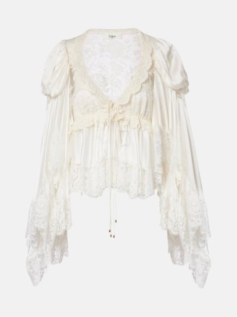 Lace-trimmed silk satin top