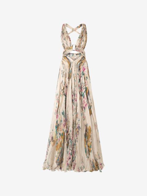 Extra-Long Silk Dress With Flower And Pheasant Print