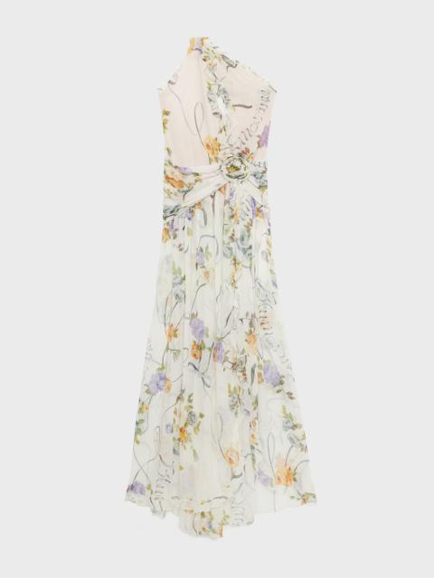 ONE-SHOULDER DRESS IN CREPONNE WITH RUFFLED ROSE DECORATION