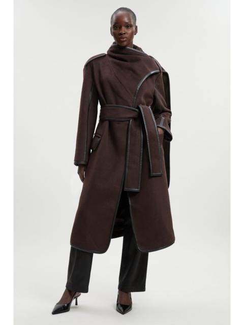 Brushed Wool Pu Mix Scarf Neck Belted Tailored Maxi Coat