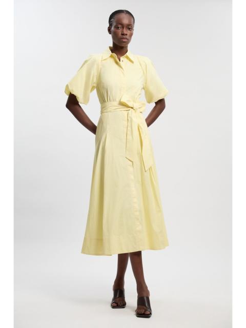 Cotton Puff Sleeve Woven Midi Shirt Dress With Dropped Waist Detail