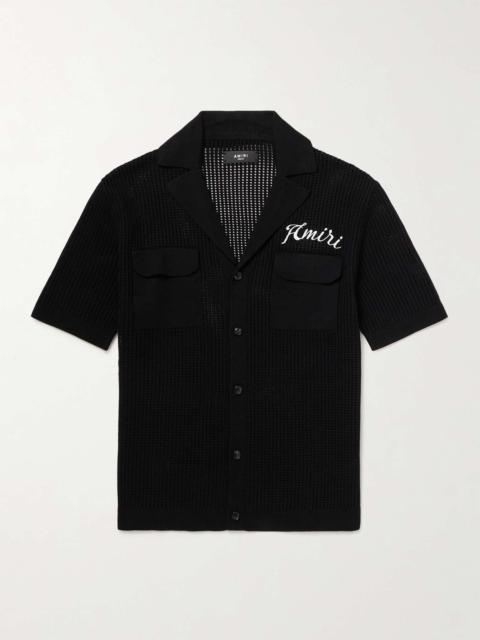 Camp-Collar Logo-Embroidered Open-Knit Cotton Shirt