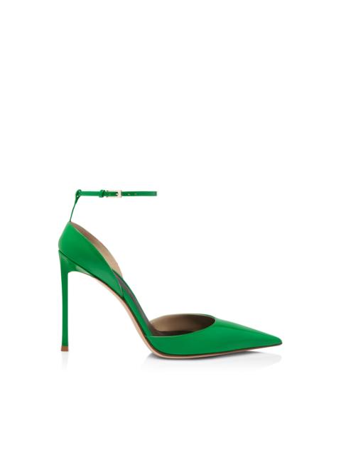 PATENT LEATHER VERTIGO ANKLE STRAP PUMP
