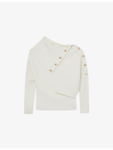 Lexi Shawl-Collar Button-Embellished Stretch-Knit Jumper