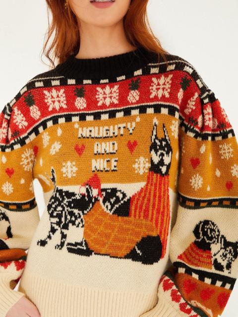 Multicolor Naughty And Nice Puff Sleeve Knit Sweater
