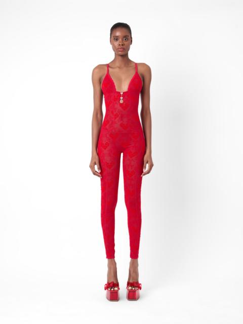 SCARLETT JUMPSUIT FLOCKED MESH RED
