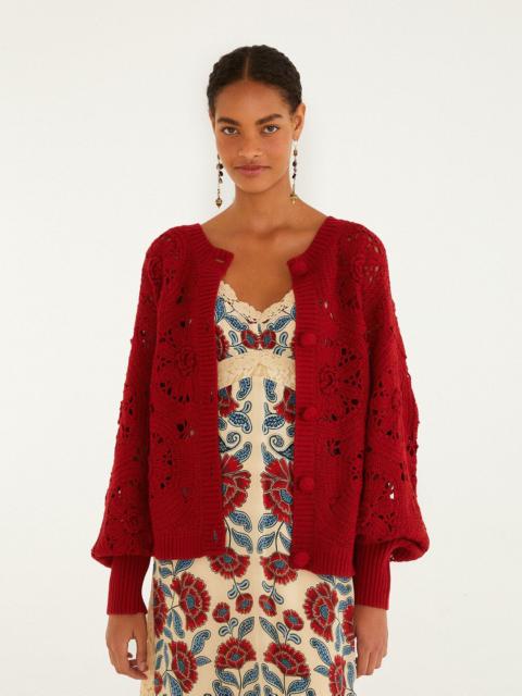 Red Crochet Flower Knit Cardigan