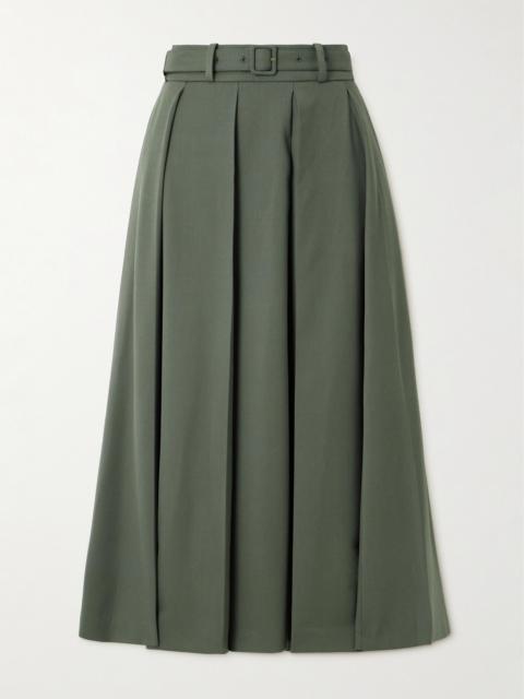 Belted Pleated Stretch-wool Twill Midi Skirt