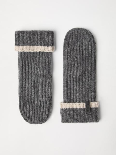 Cashmere English rib knit mittens with monili
