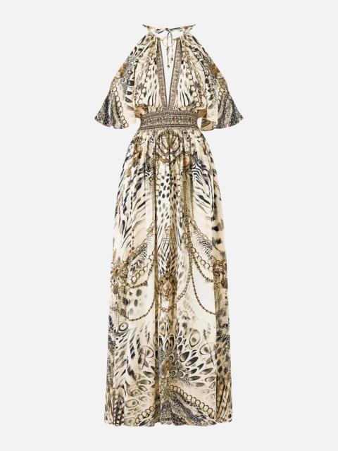 NECK CHARM SHIRRED WAIST LONG DRESS