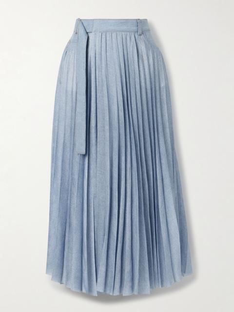 Wrap-effect denim-paneled pleated printed crepe de chine midi skirt Light blue