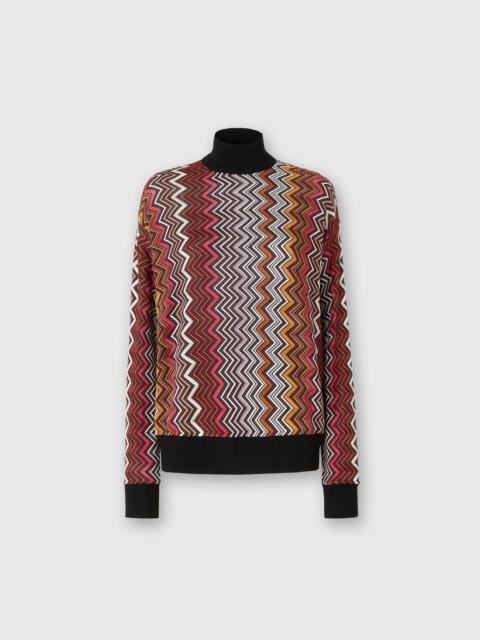 High-neck pullover in viscose and zigzag wool