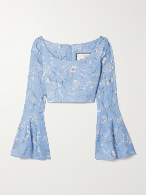 Limoncillo Lymanopoda Cropped Bead-embellished Printed Linen Top