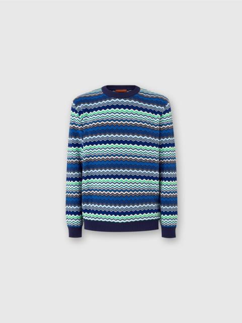 Cotton crew-neck pullover with micro zigzag and contrasting piping