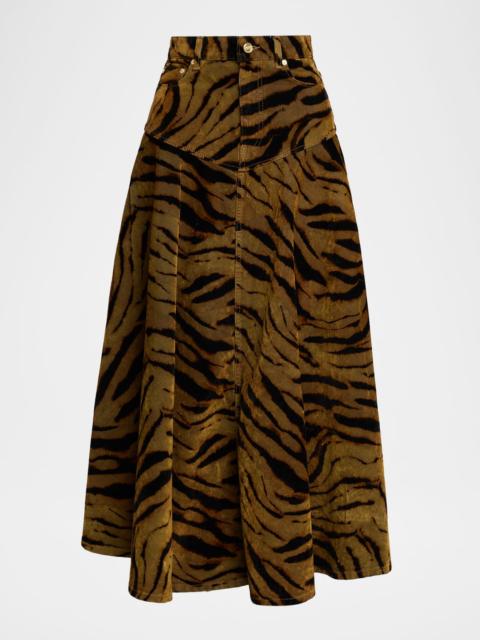Tiger-Print Denim maxi Skirt