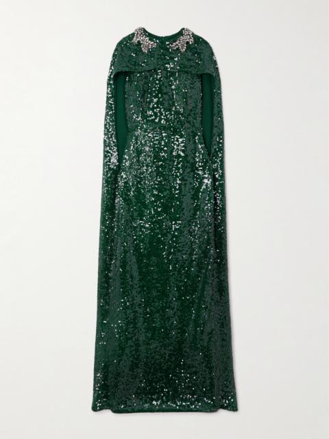 Cape-effect Crystal-embellished Sequined Crepe Gown