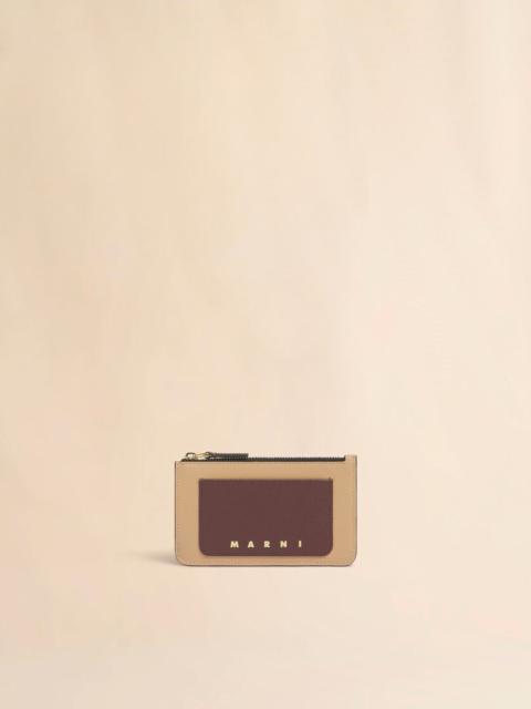 PINK LIGHT BROWN AND DARK BROWN LEATHER ZIP CARDHOLDER