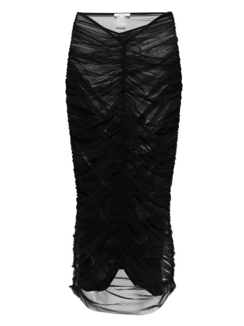 ruched sheer midi skirt