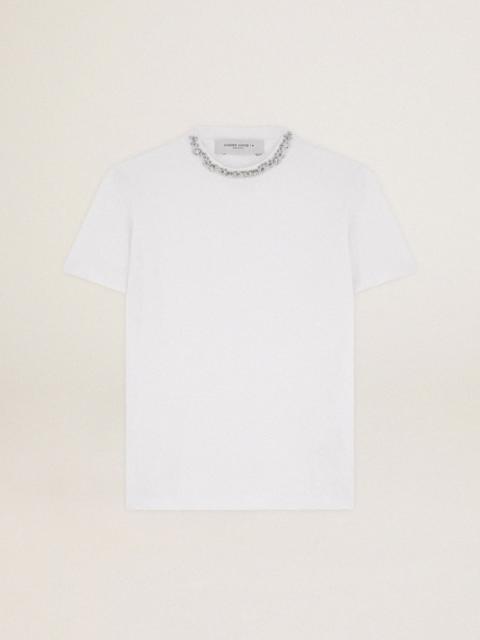 Women's white T-shirt with cabochon crystals