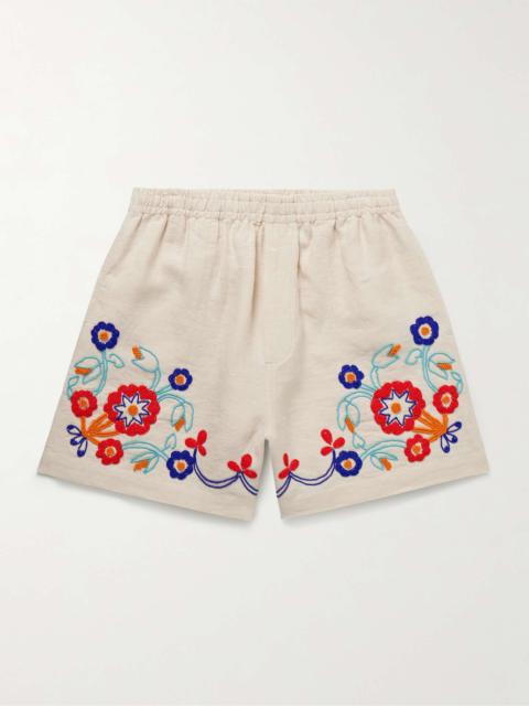 Garden Party Straight-Leg Bead-Embellished Linen Shorts